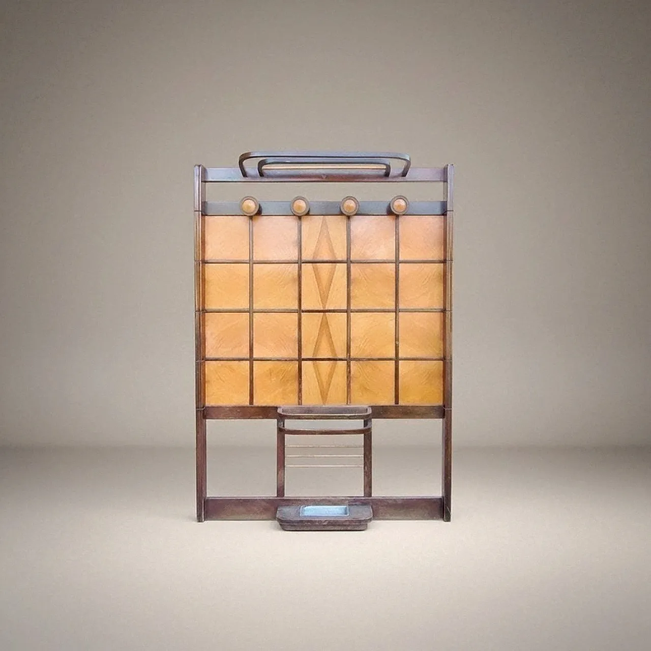 Art Deco wooden coat stand with umbrella stand and hatbox, 1930s 9