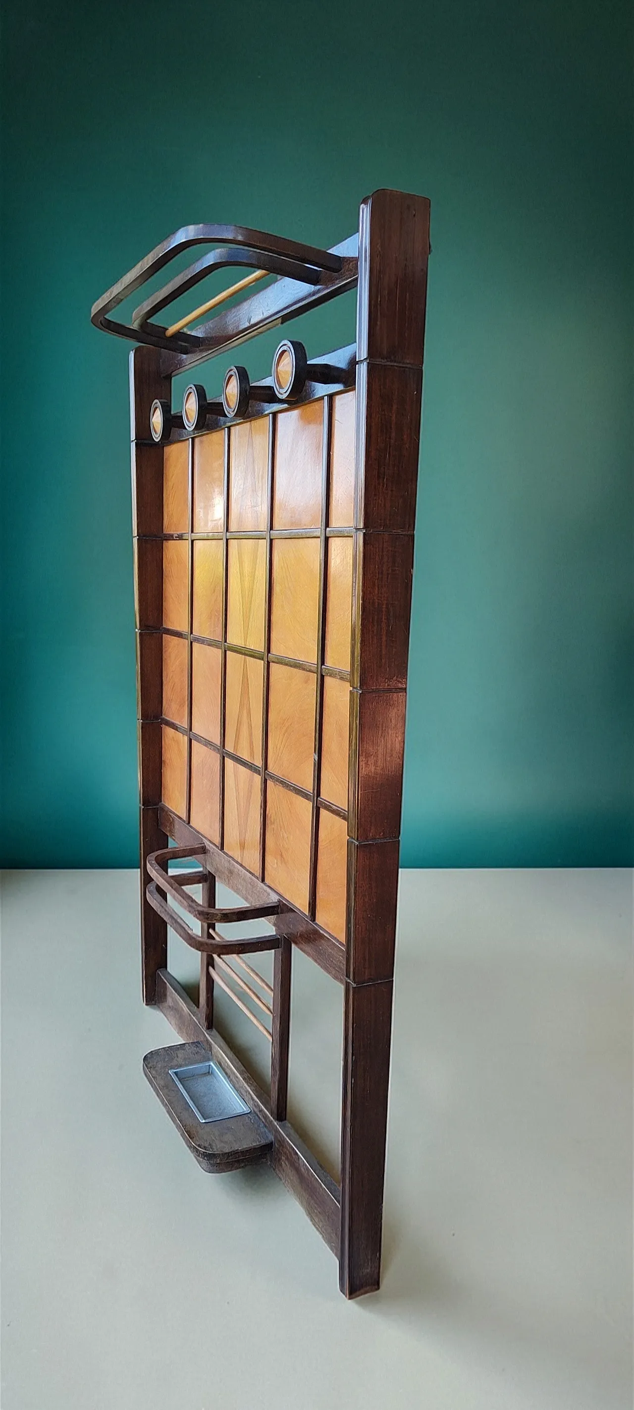 Art Deco wooden coat stand with umbrella stand and hatbox, 1930s 11