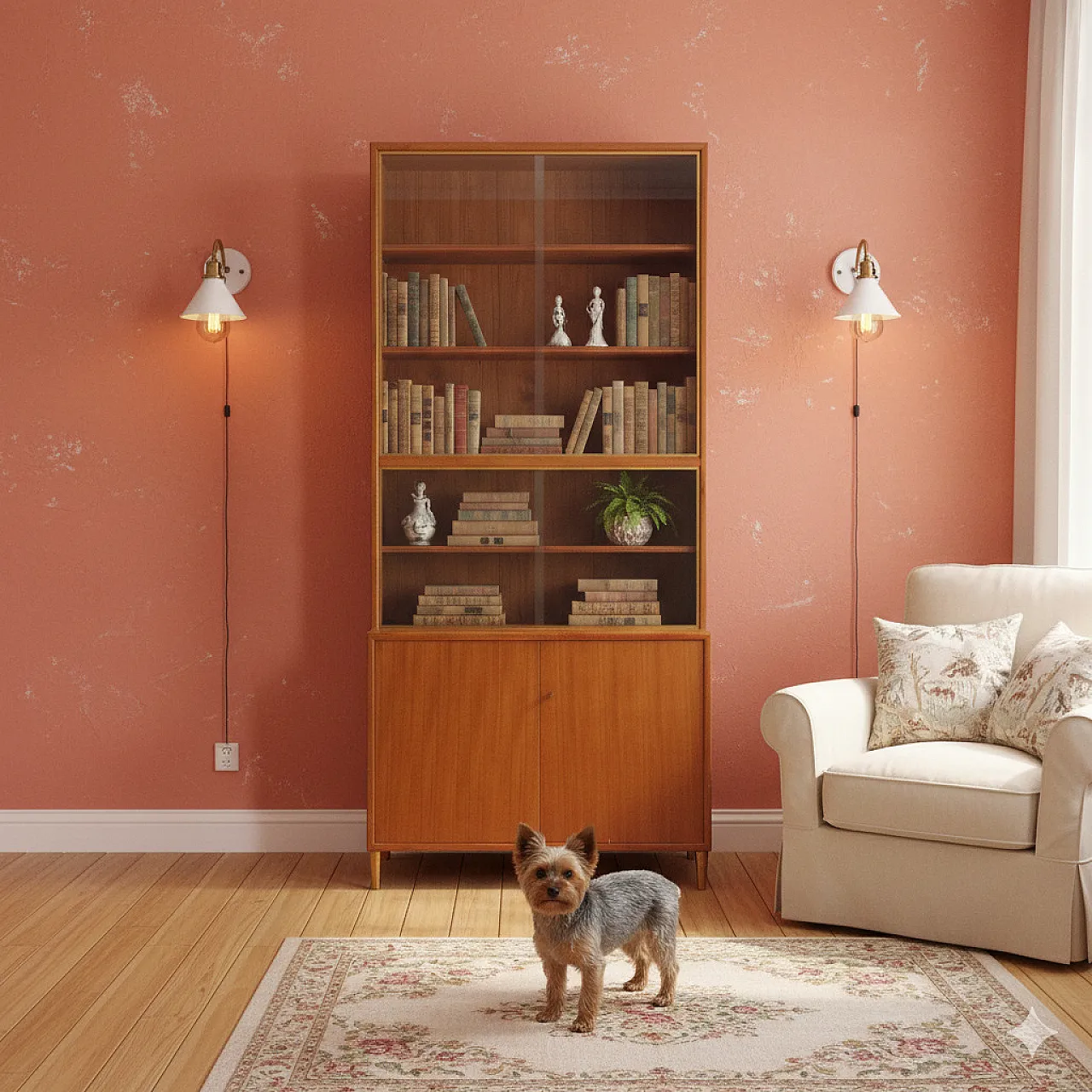 Vetrina impiallacciata in larice con particolari in ottone, '900 2