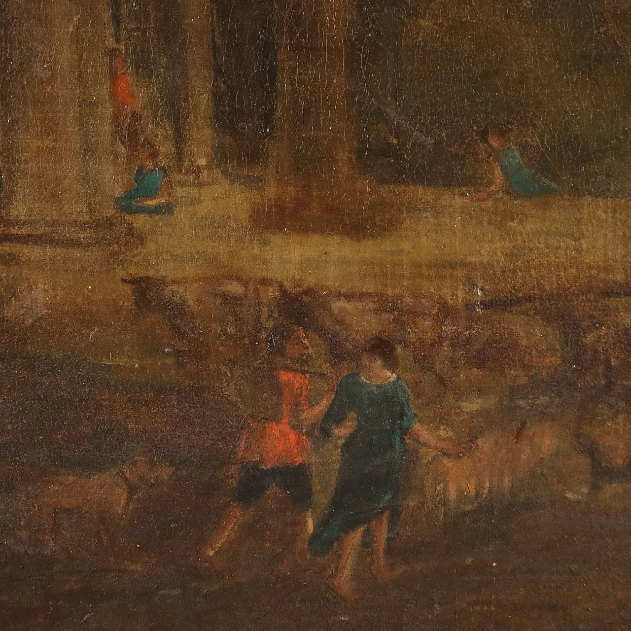 Paesaggio con figure e architettura, olio su tela, primo '900 4