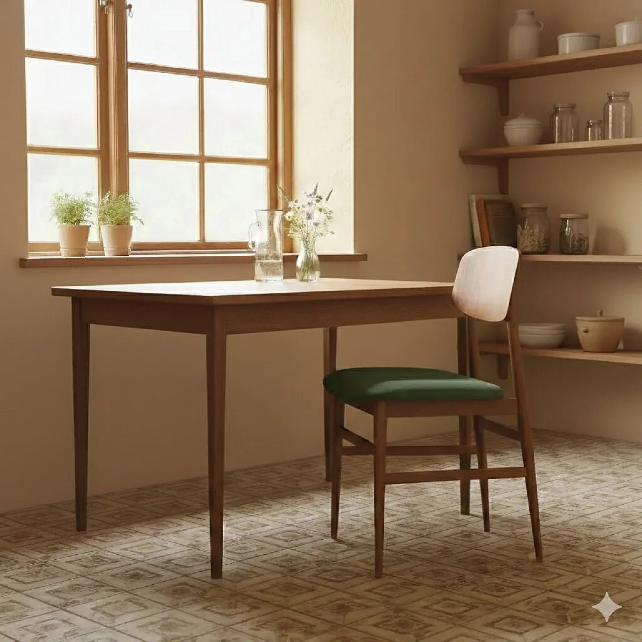 Sedia in legno con seduta originale in tessuto verde, '900 2