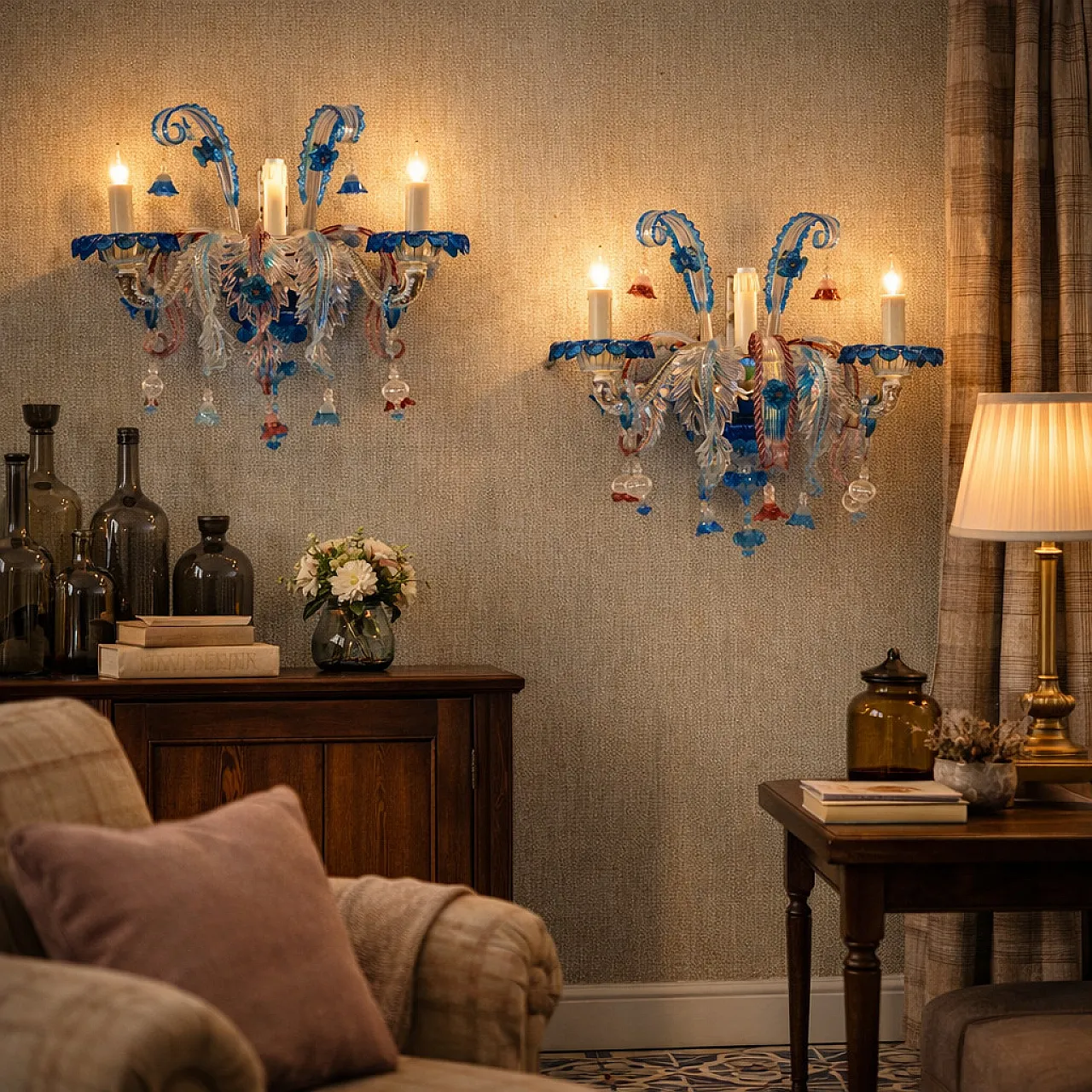 Pair of coloured blown glass wall lights, 19th century 2