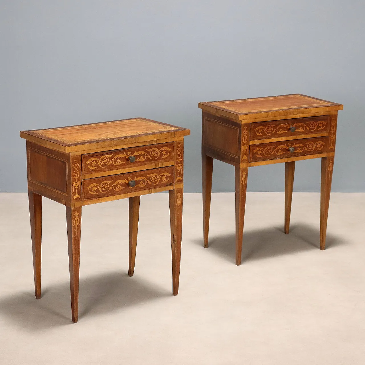 Pair of bedside tables in different woods, 20th century 1