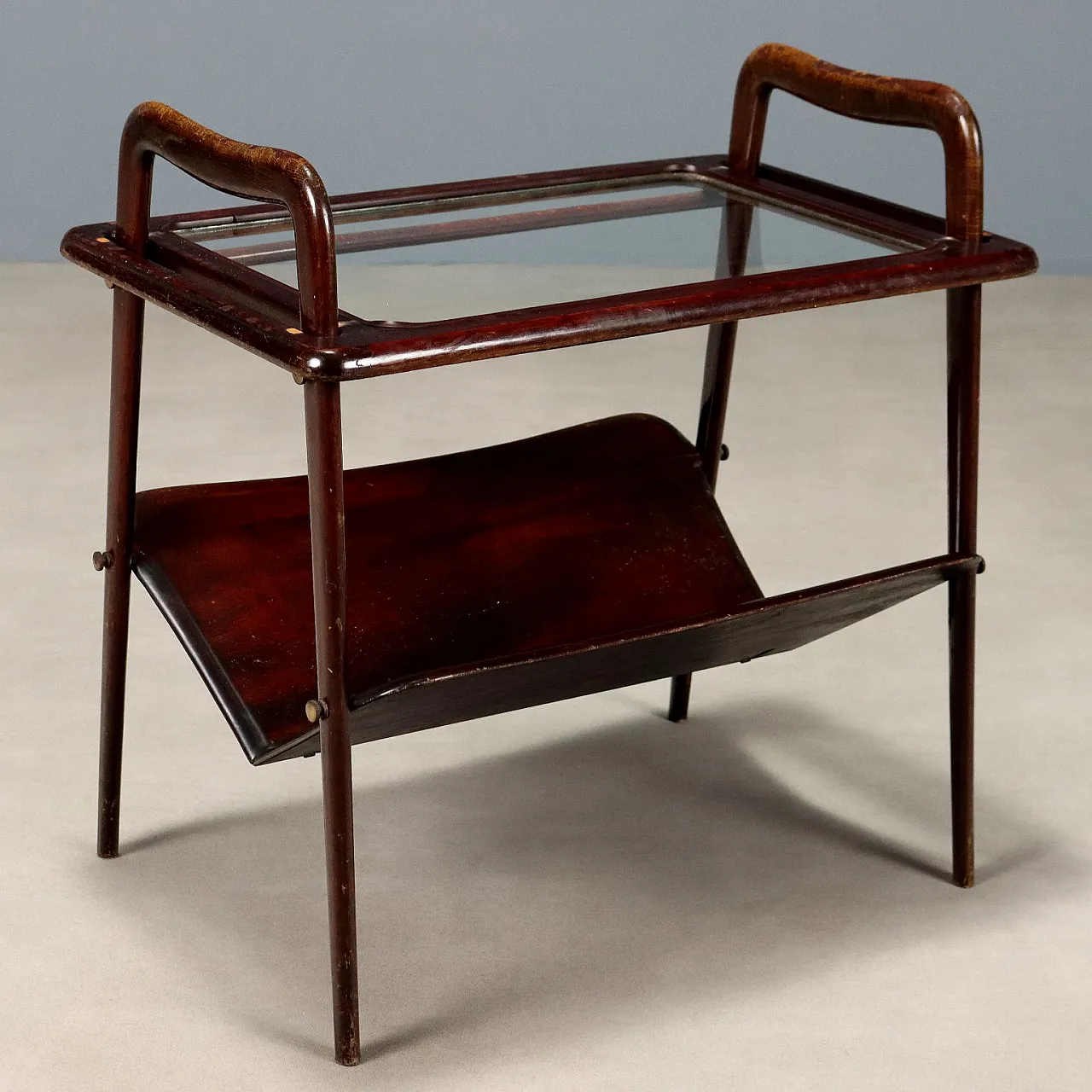 Magazine rack with removable tray in mahogany and glass, 20th century 1