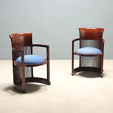 Pair of cherry wood and blue fabric armchairs, 20th century
