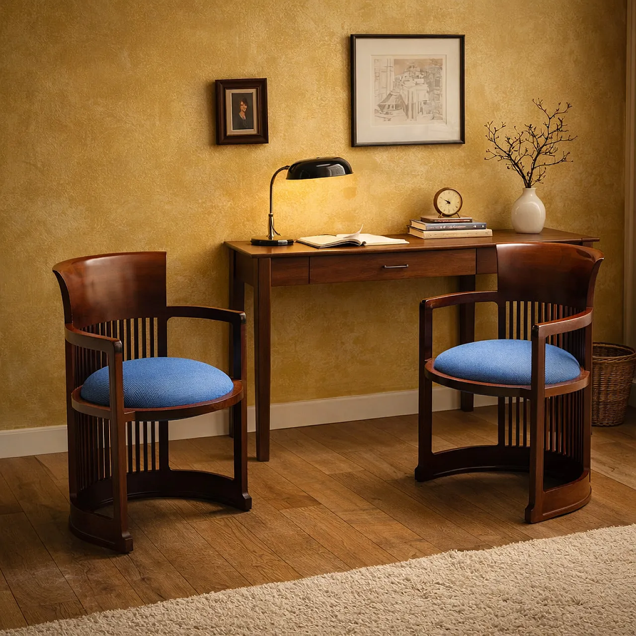 Pair of cherry wood and blue fabric armchairs, 20th century 2
