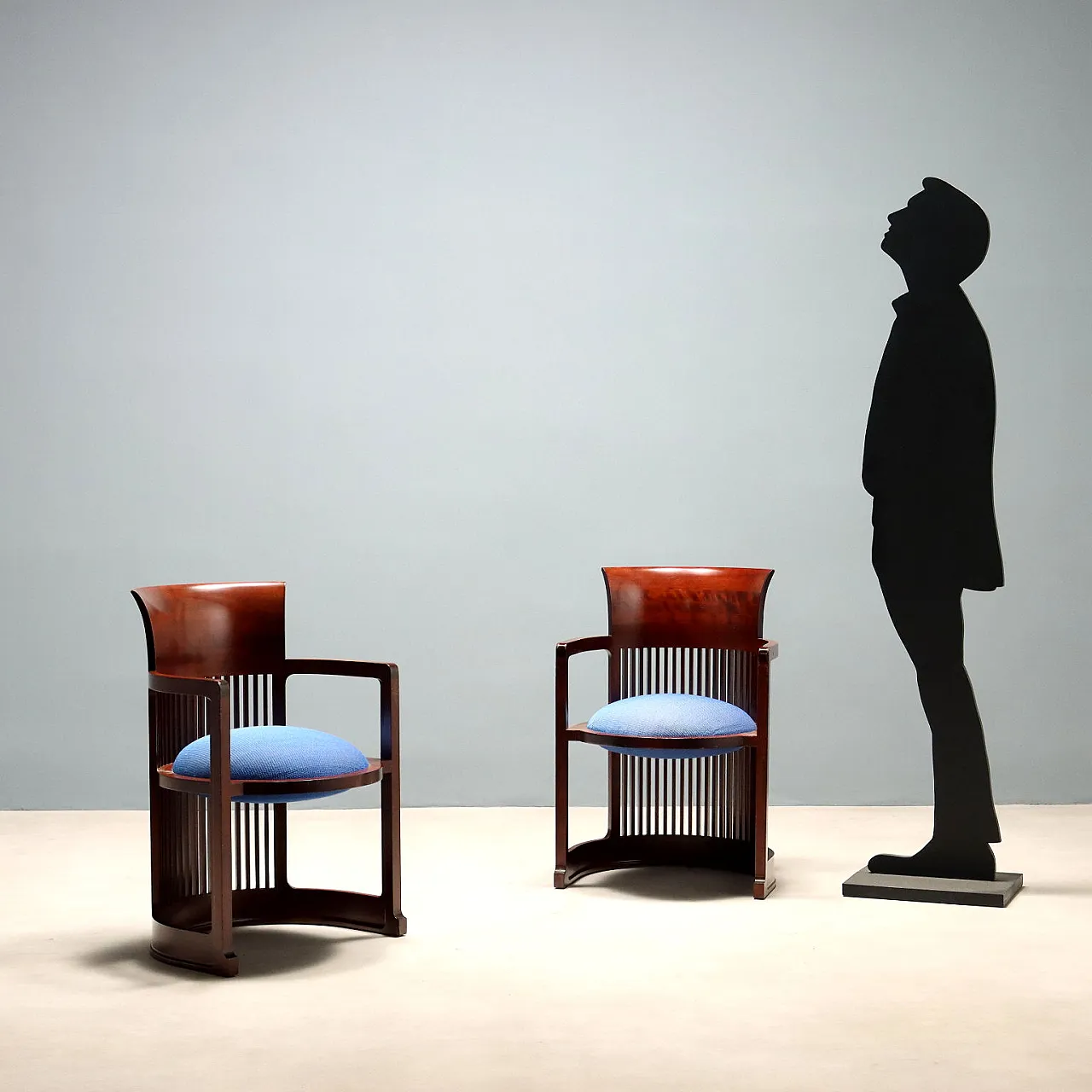 Pair of cherry wood and blue fabric armchairs, 20th century 3