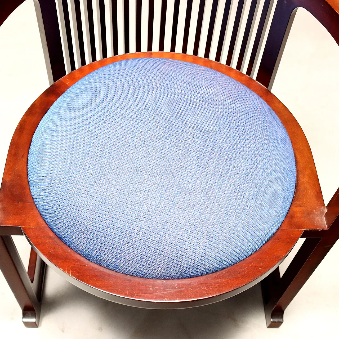 Pair of cherry wood and blue fabric armchairs, 20th century 4