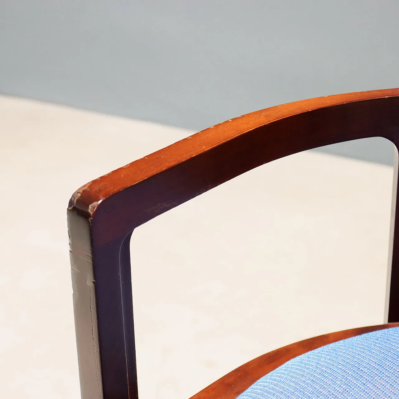Pair of cherry wood and blue fabric armchairs, 20th century 6