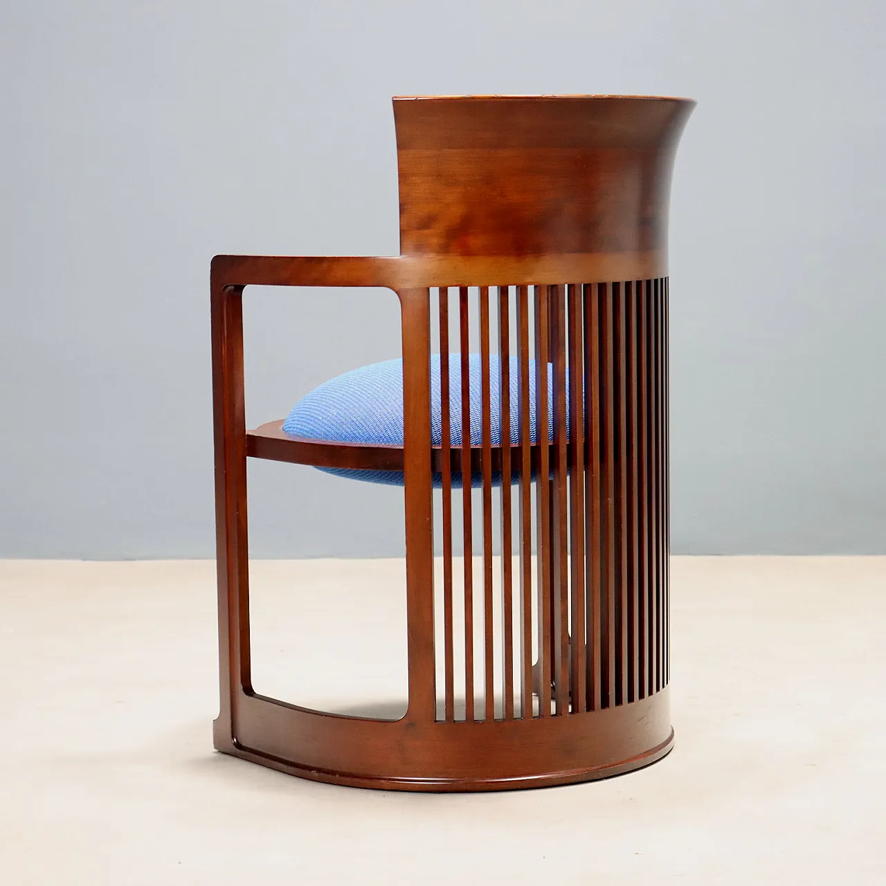 Pair of cherry wood and blue fabric armchairs, 20th century 8