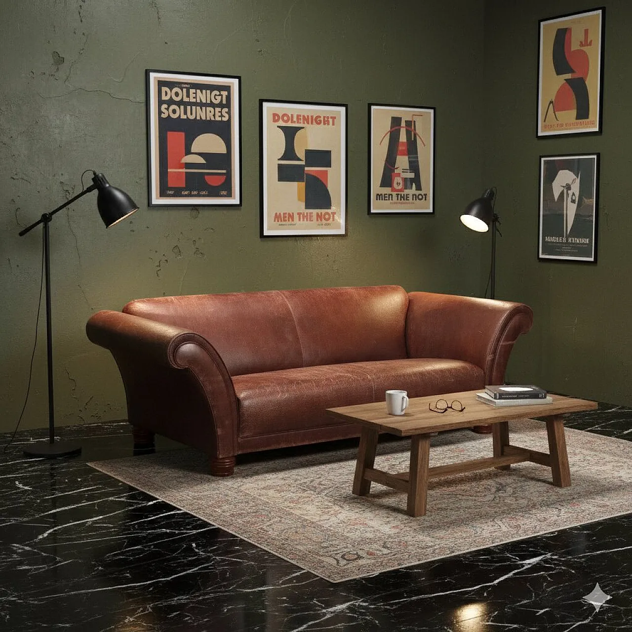 Divano in pelle marrone e gambe in rovere tornito tinto, '900 2