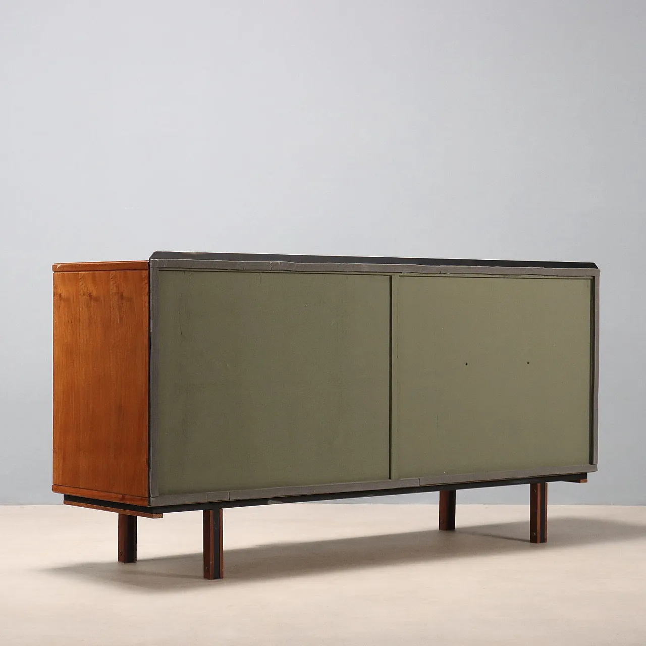Credenza lastronata in noce tanganica e metallo smaltato nero, '900 10