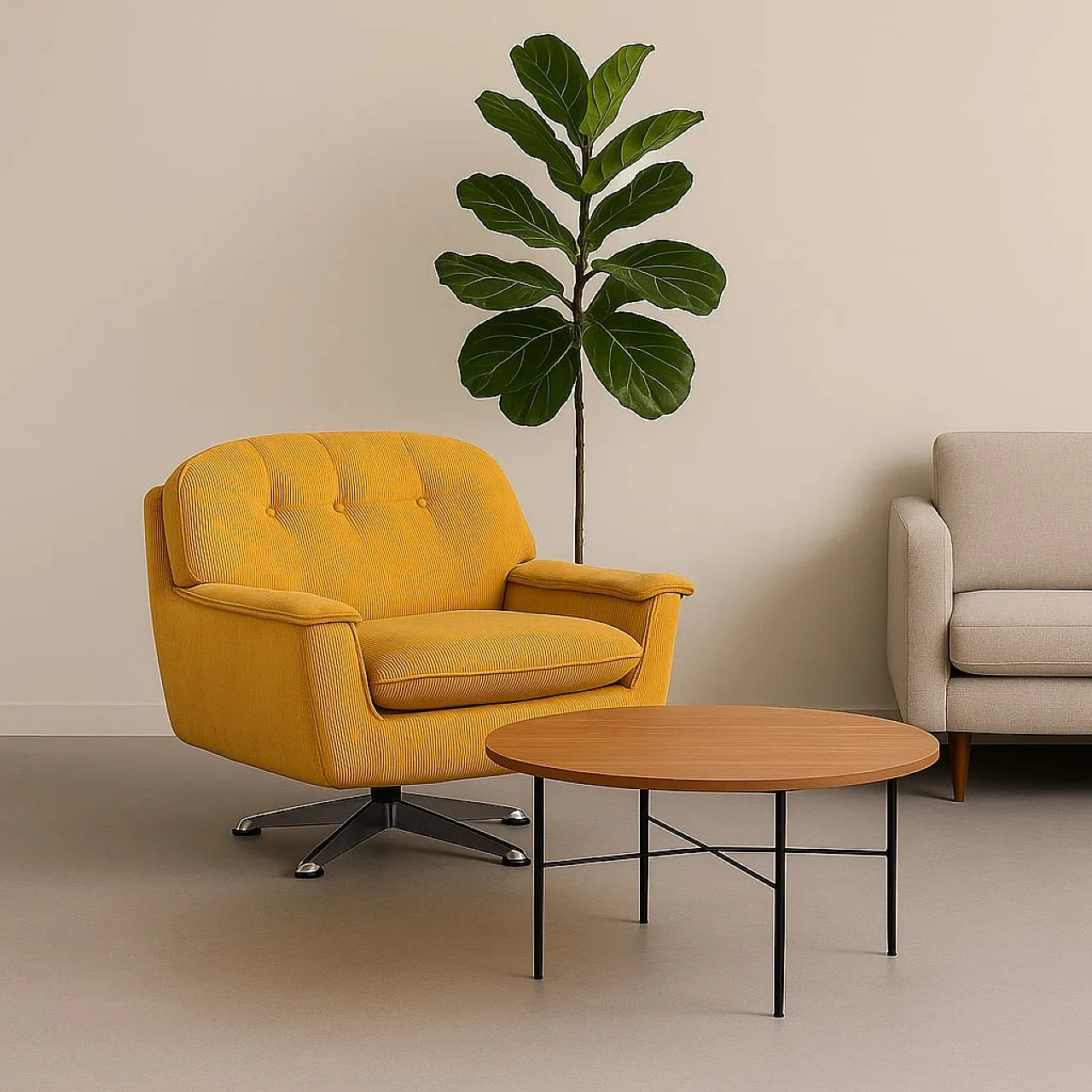 Poltrona rivestita in velluto giallo e base in metallo, anni '70 2