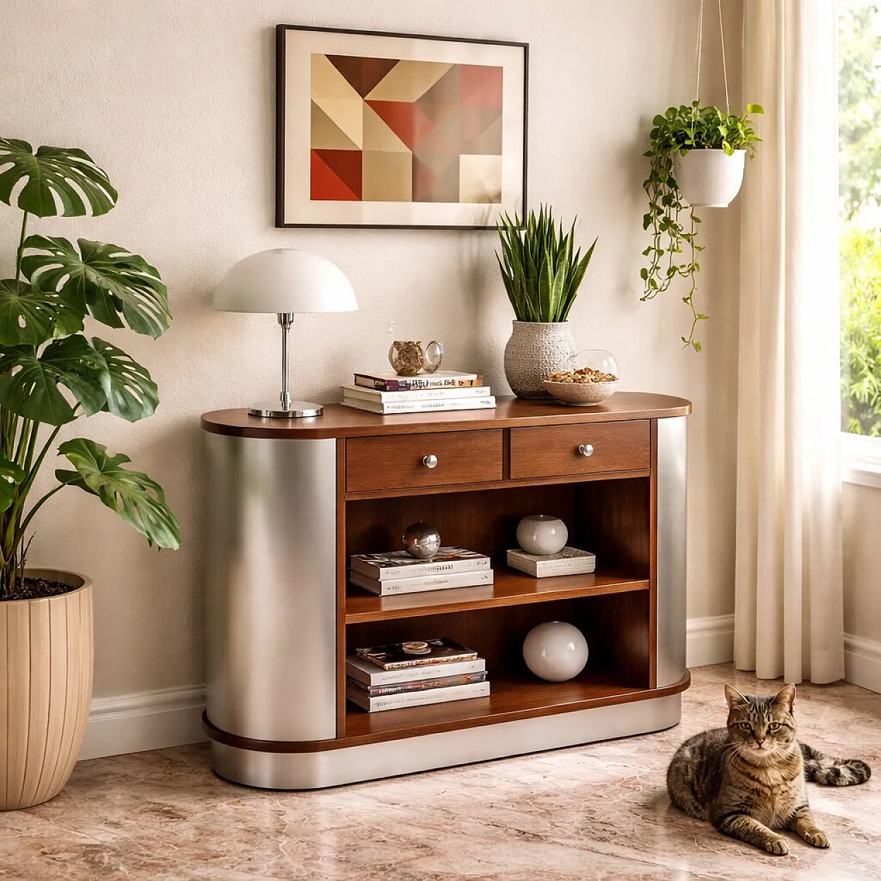Exotic wood veneer console table with aluminum base, 20th century 2