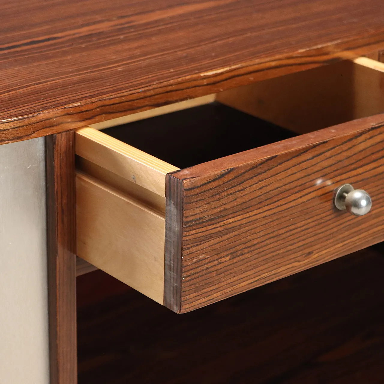 Exotic wood veneer console table with aluminum base, 20th century 4