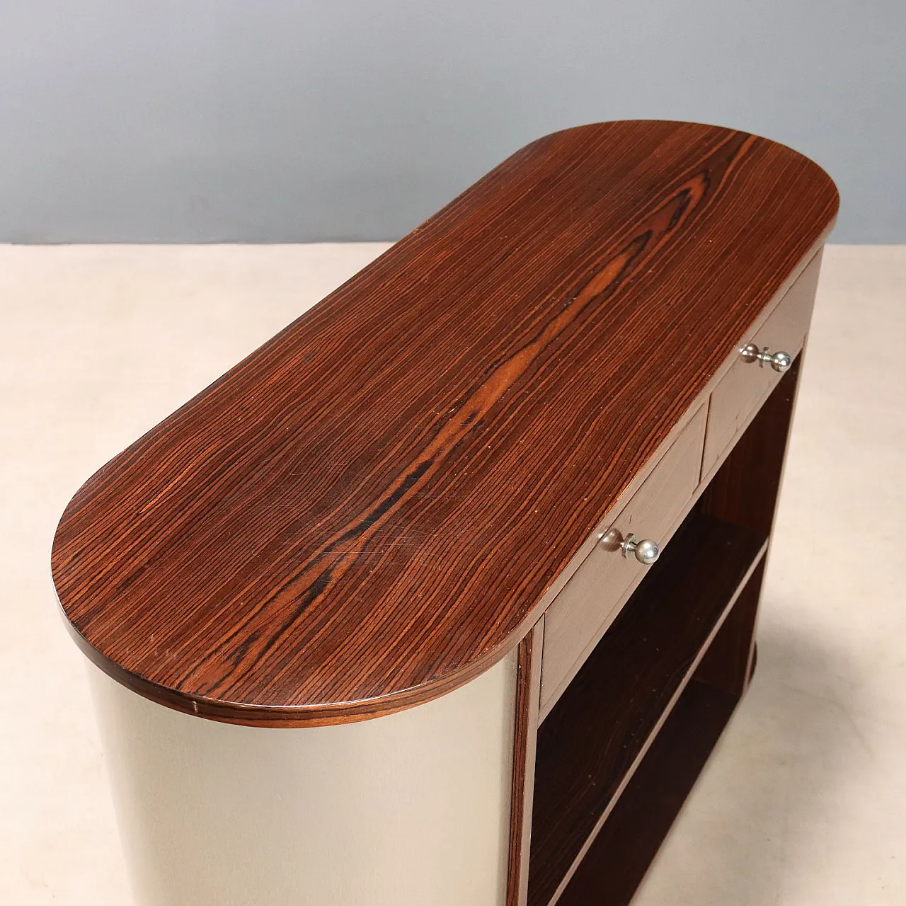 Exotic wood veneer console table with aluminum base, 20th century 9