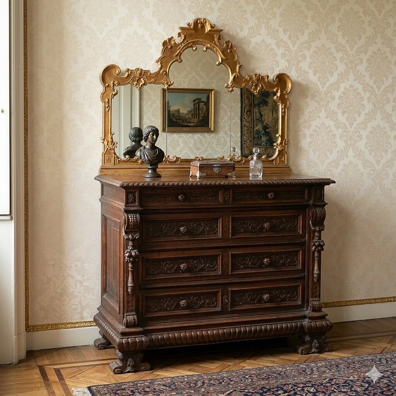 Neo-Renaissance dresser with mirror, 20th century 2