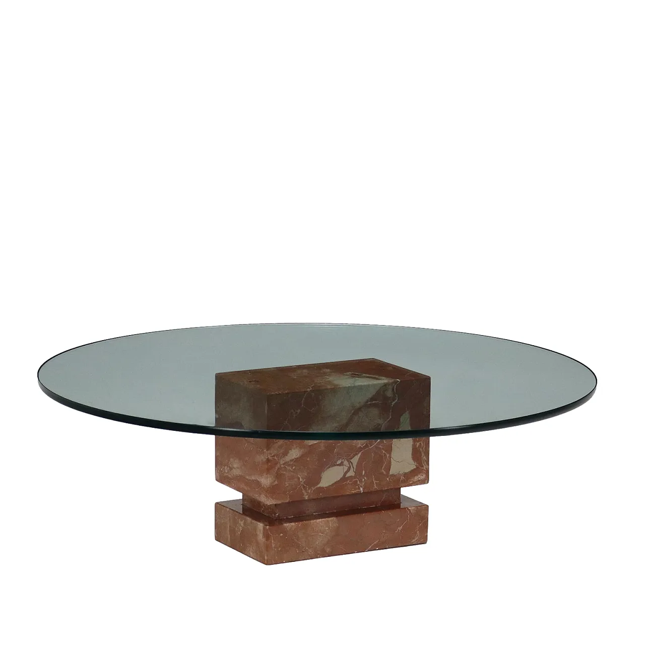 Red marble coffee table with round glass top, Italy 1980s 1