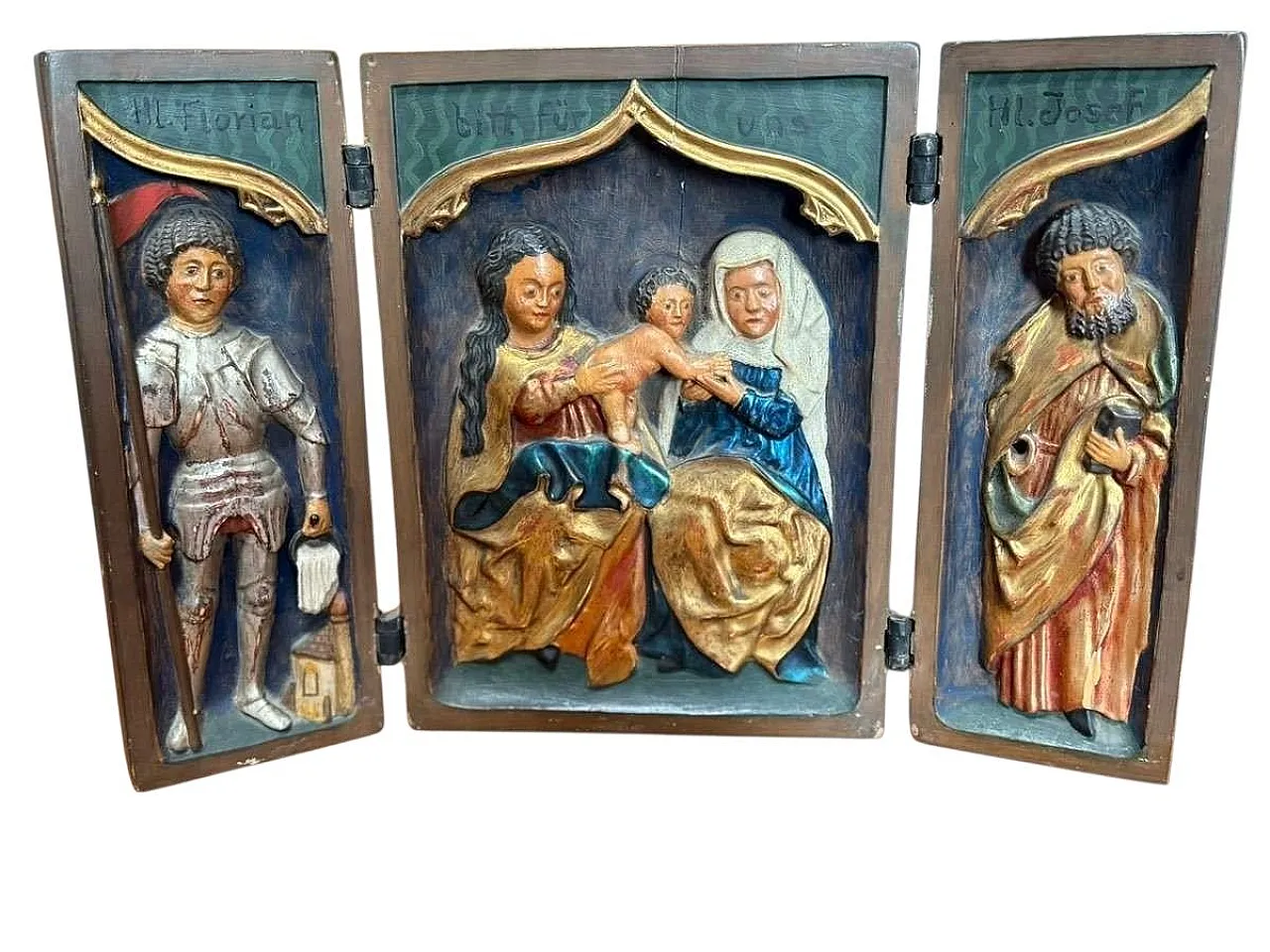 Late Gothic polychrome wooden triptych relief 1