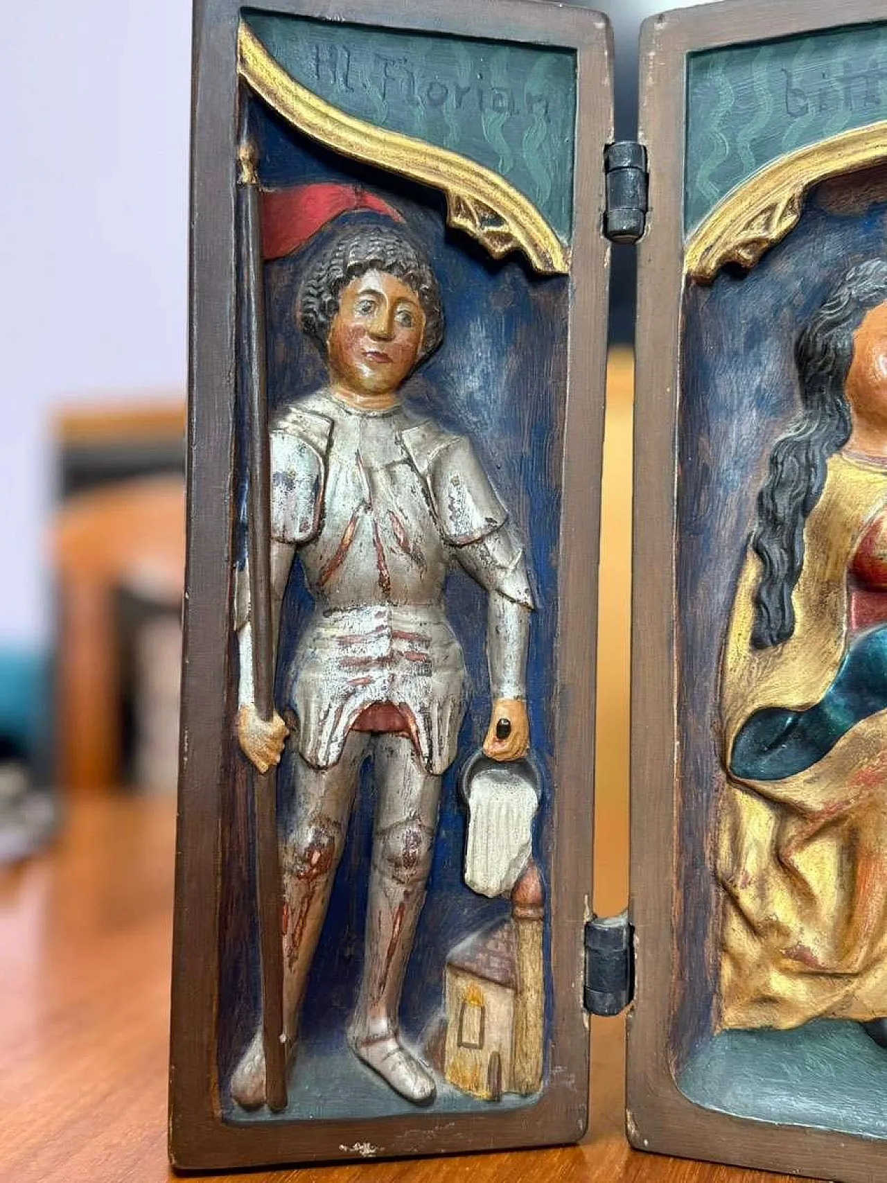Late Gothic polychrome wooden triptych relief 3