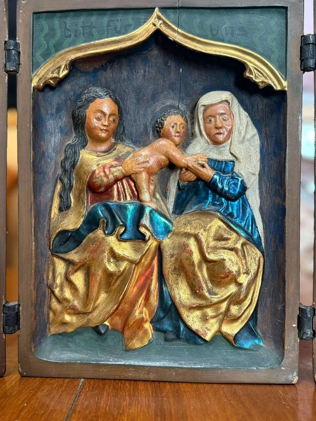 Late Gothic polychrome wooden triptych relief 4