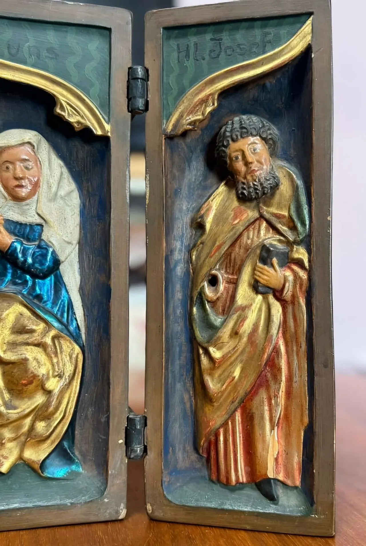 Late Gothic polychrome wooden triptych relief 5