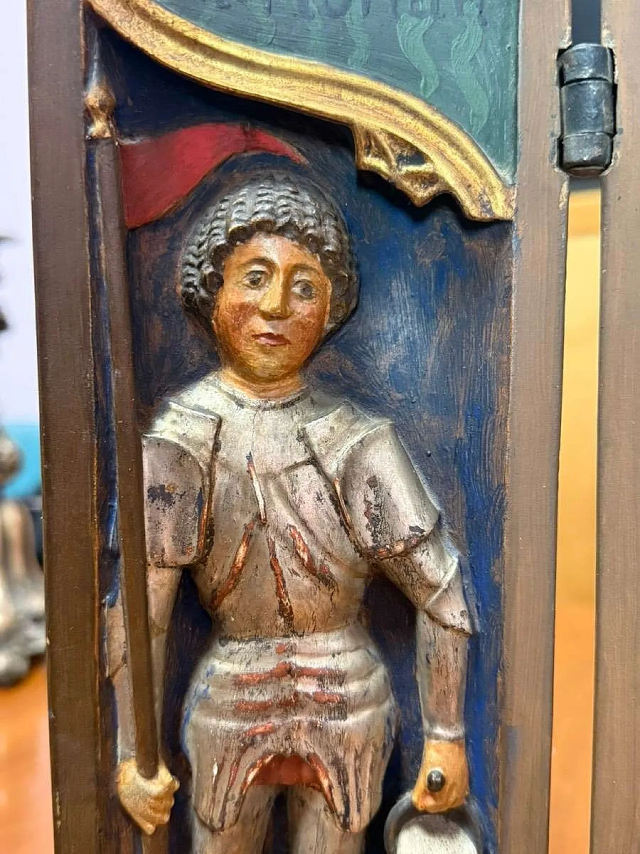 Late Gothic polychrome wooden triptych relief 8