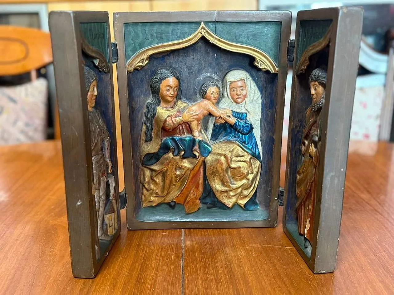Late Gothic polychrome wooden triptych relief 10