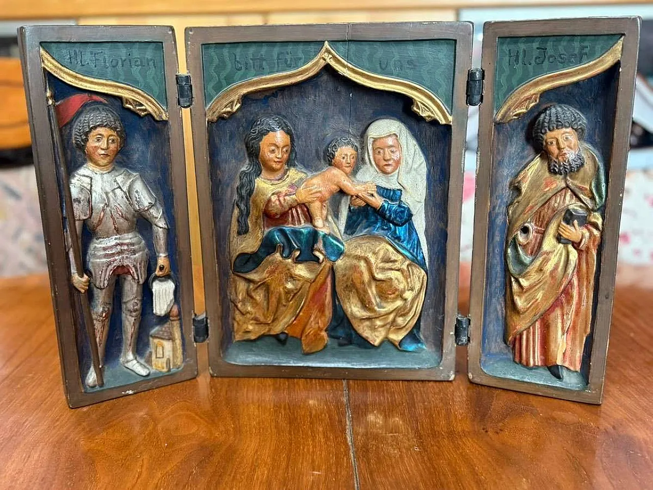 Late Gothic polychrome wooden triptych relief 11