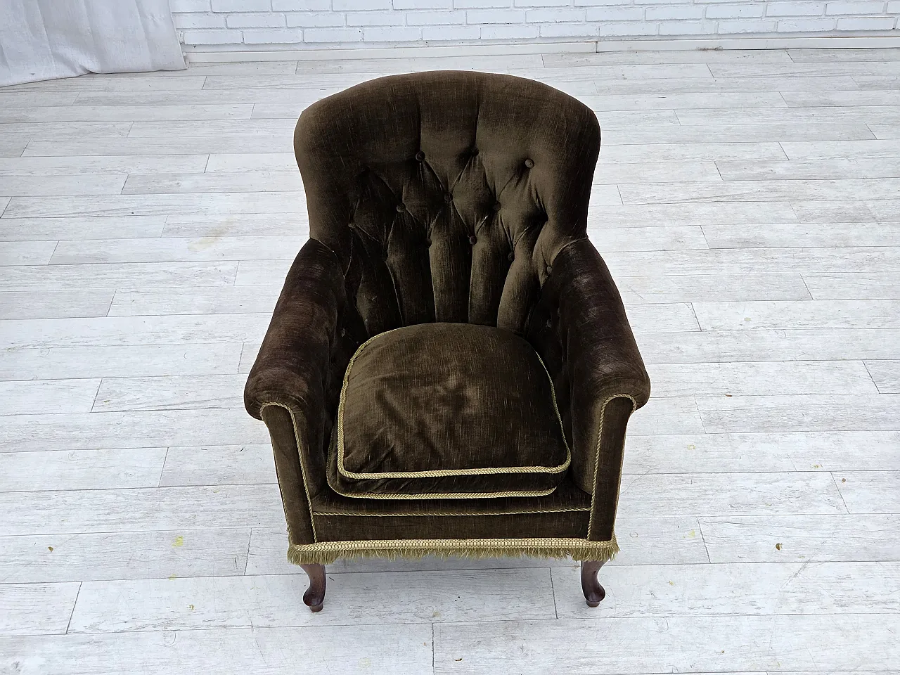 Poltrona scandinava, velluto verde, legno di frassino, anni '50 2