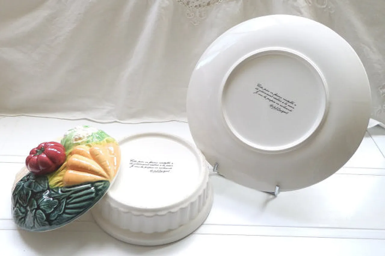 set of plate, covered terrine with majolica polychrome vegetables, 80s 1