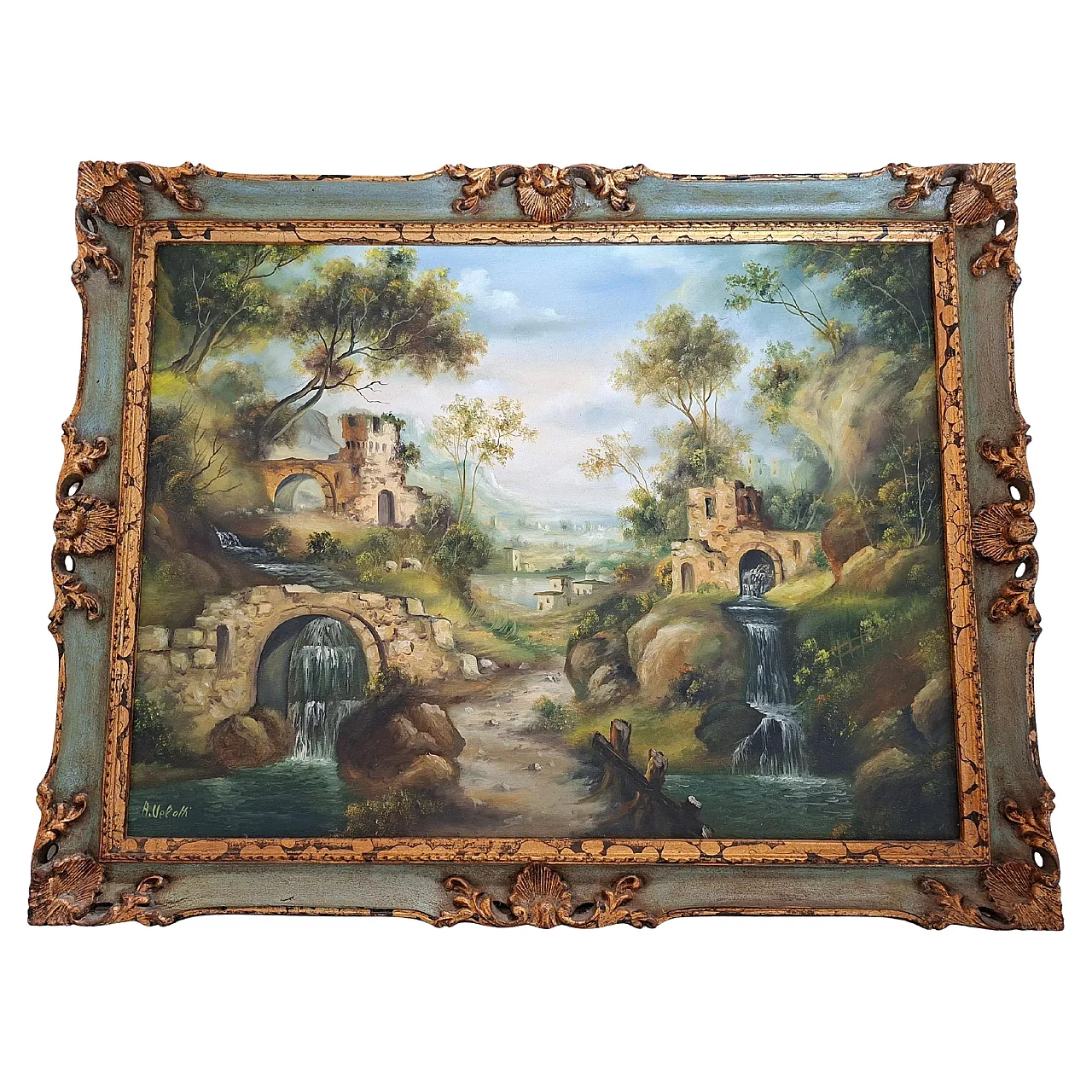 Arcadian Landscape by A. Velotti, oil on canvas, mid-20th century 1