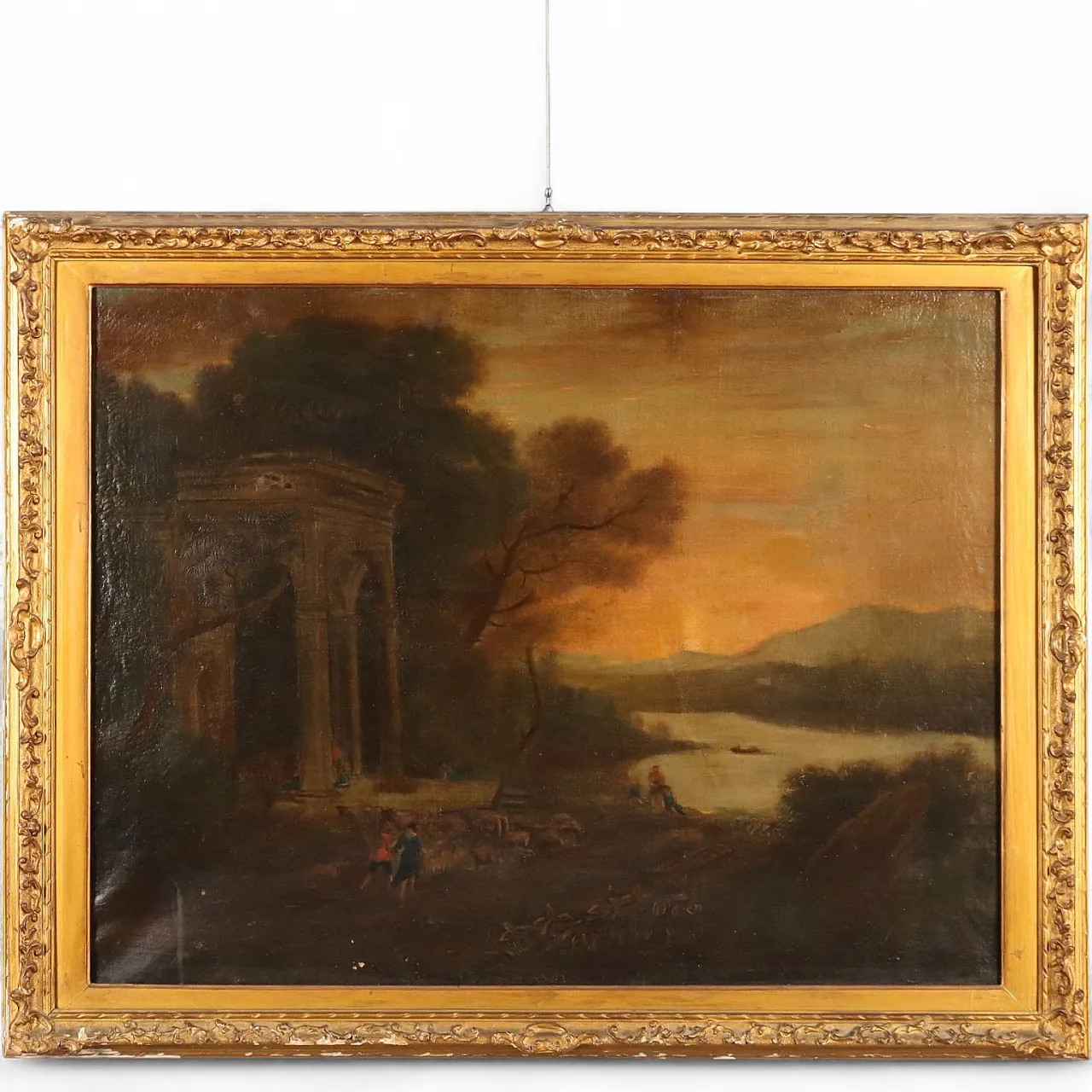 Paesaggio con figure e architettura, olio su tela, primo '900 11