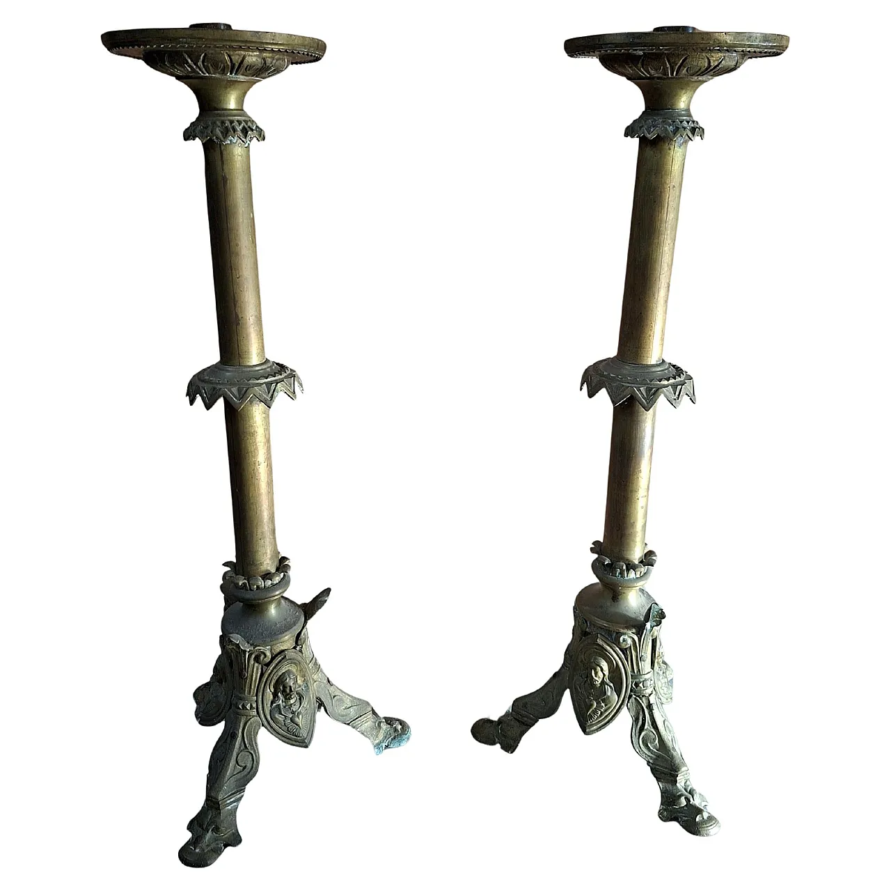 Pair of Neo-Gothic style bronze altar candelabras, late 19th century 1