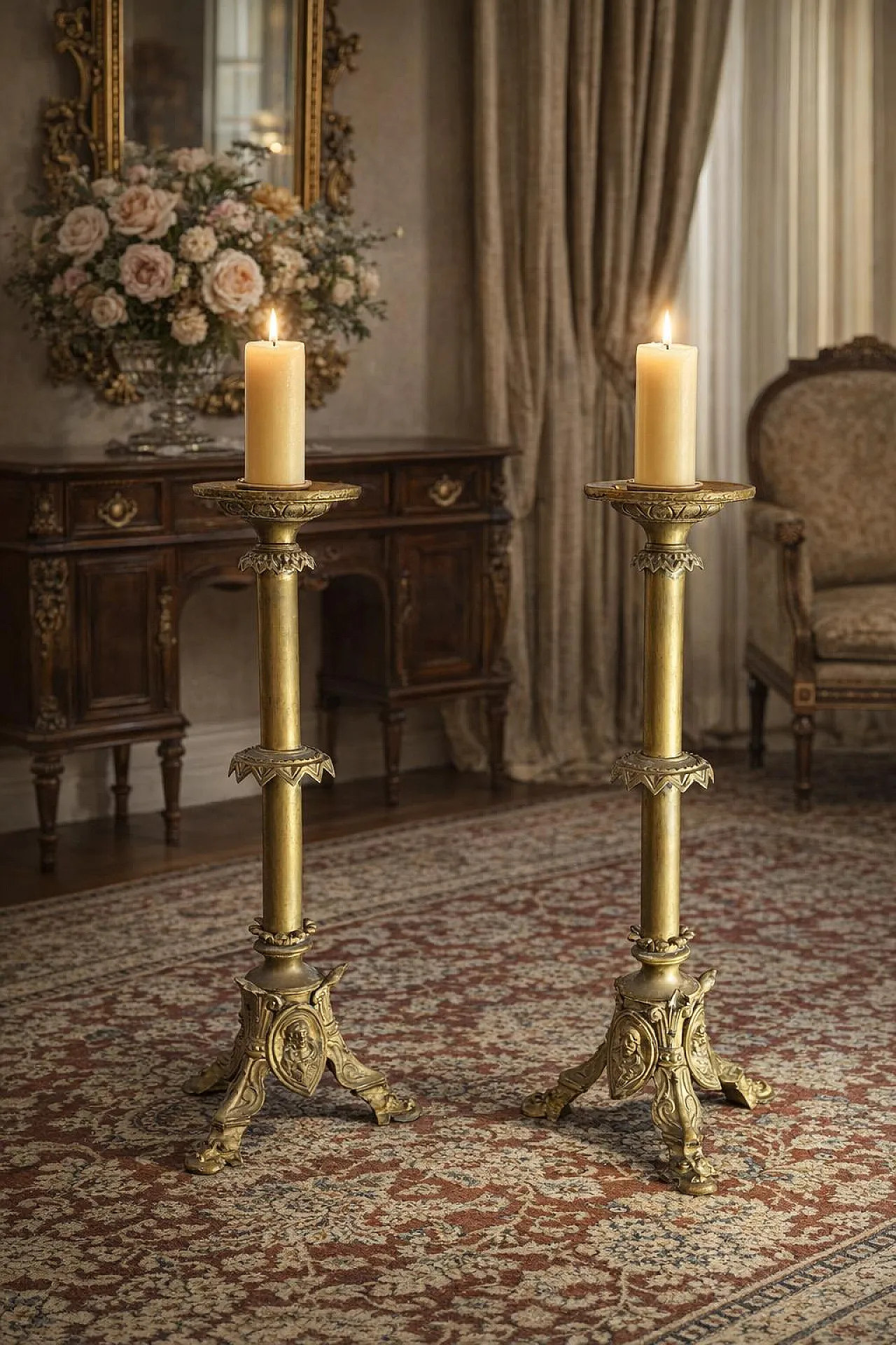 Pair of Neo-Gothic style bronze altar candelabras, late 19th century 2