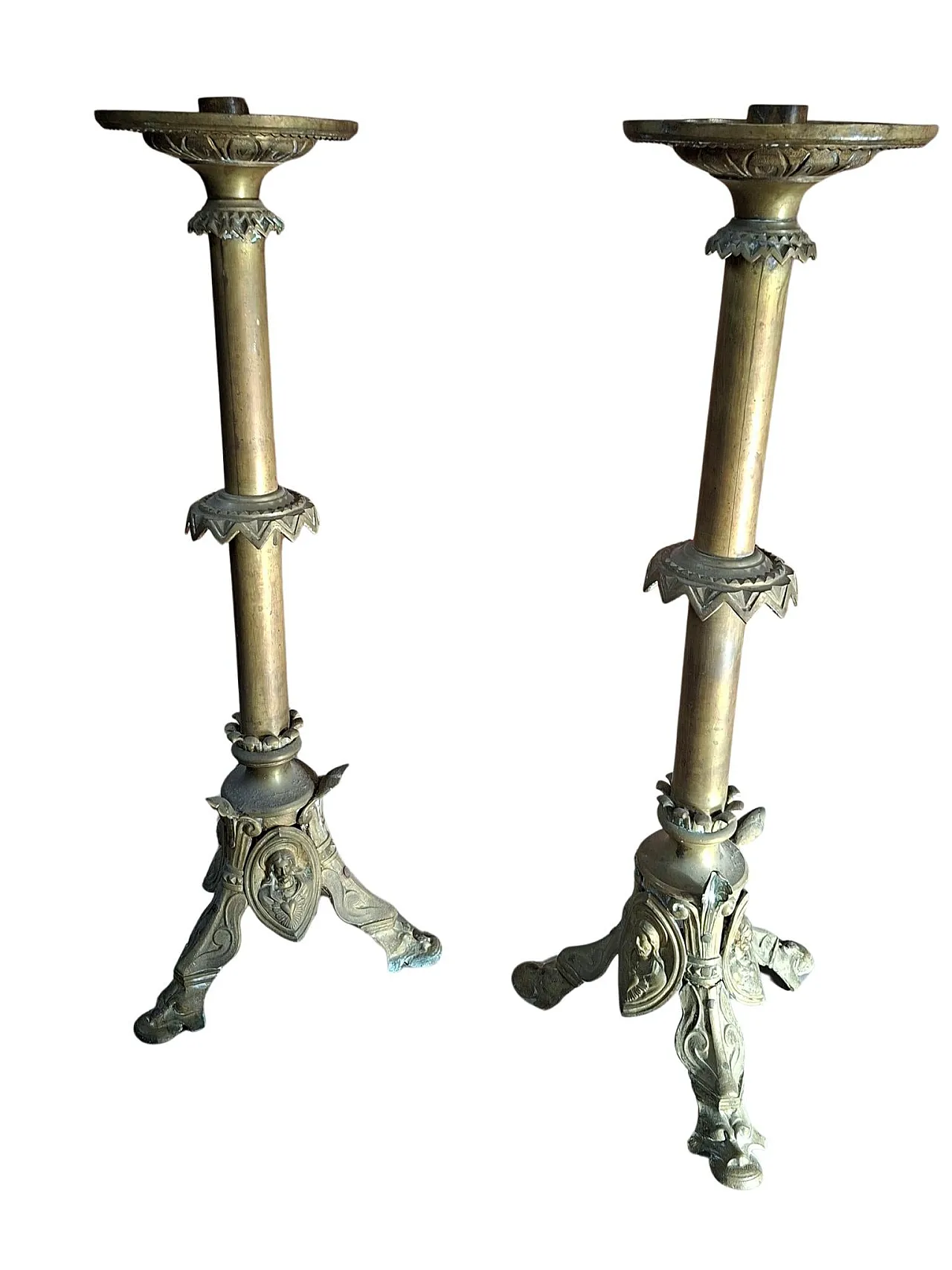 Pair of Neo-Gothic style bronze altar candelabras, late 19th century 3
