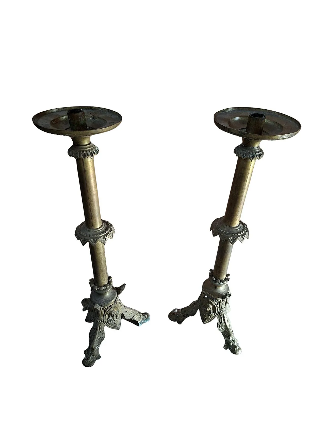Pair of Neo-Gothic style bronze altar candelabras, late 19th century 4