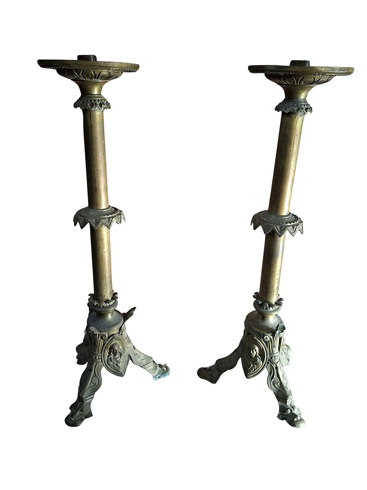 Pair of Neo-Gothic style bronze altar candelabras, late 19th century 9