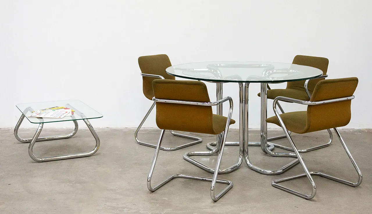 Round glass table with chairs and coffee table, 1970s 1