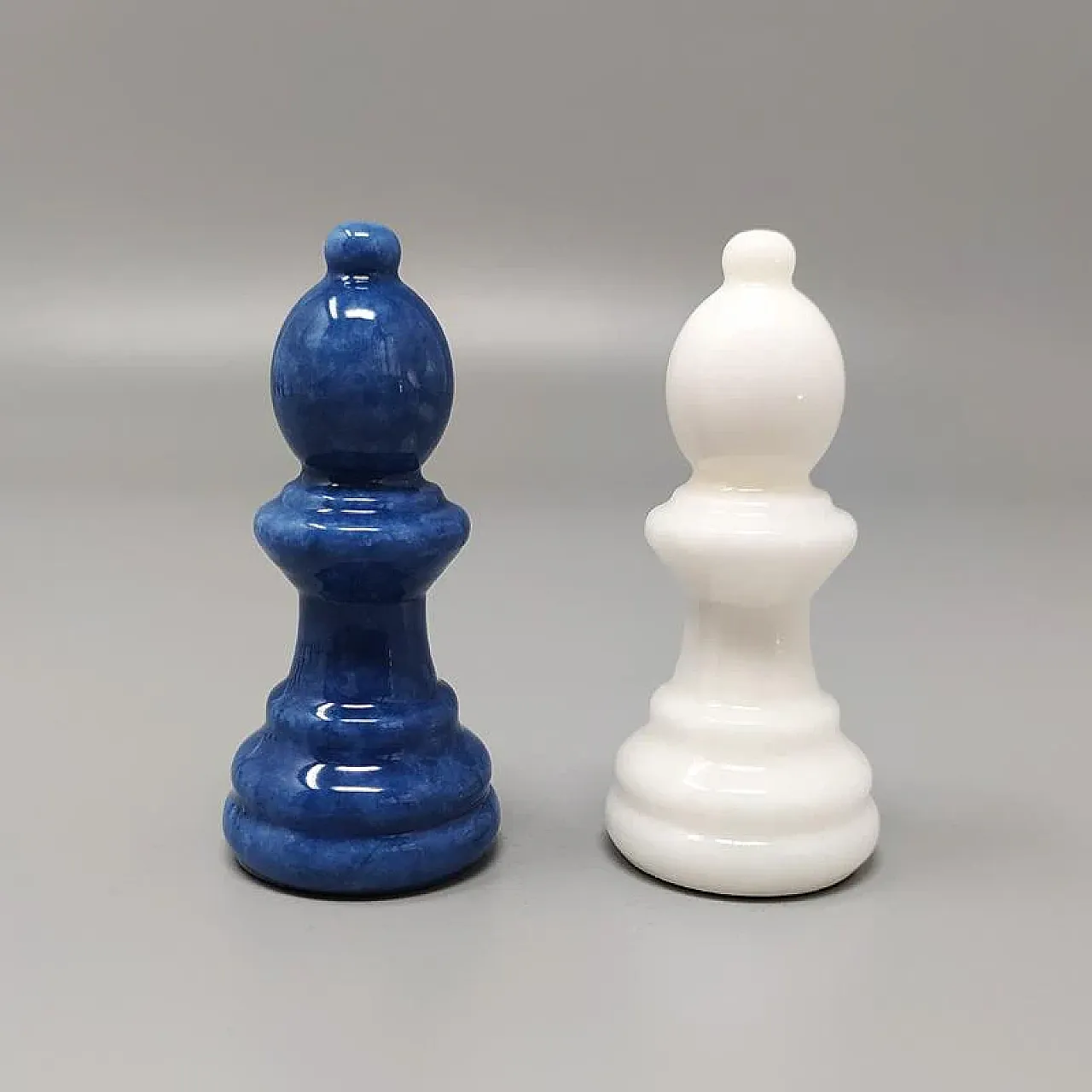 Blue and white chess set in Volterra alabaster handmade, 1970s 8