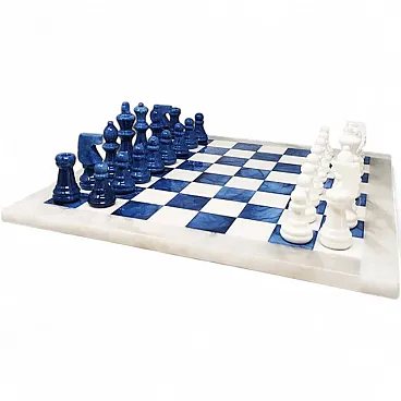 Blue and white chess set in Volterra alabaster handmade, 1970s