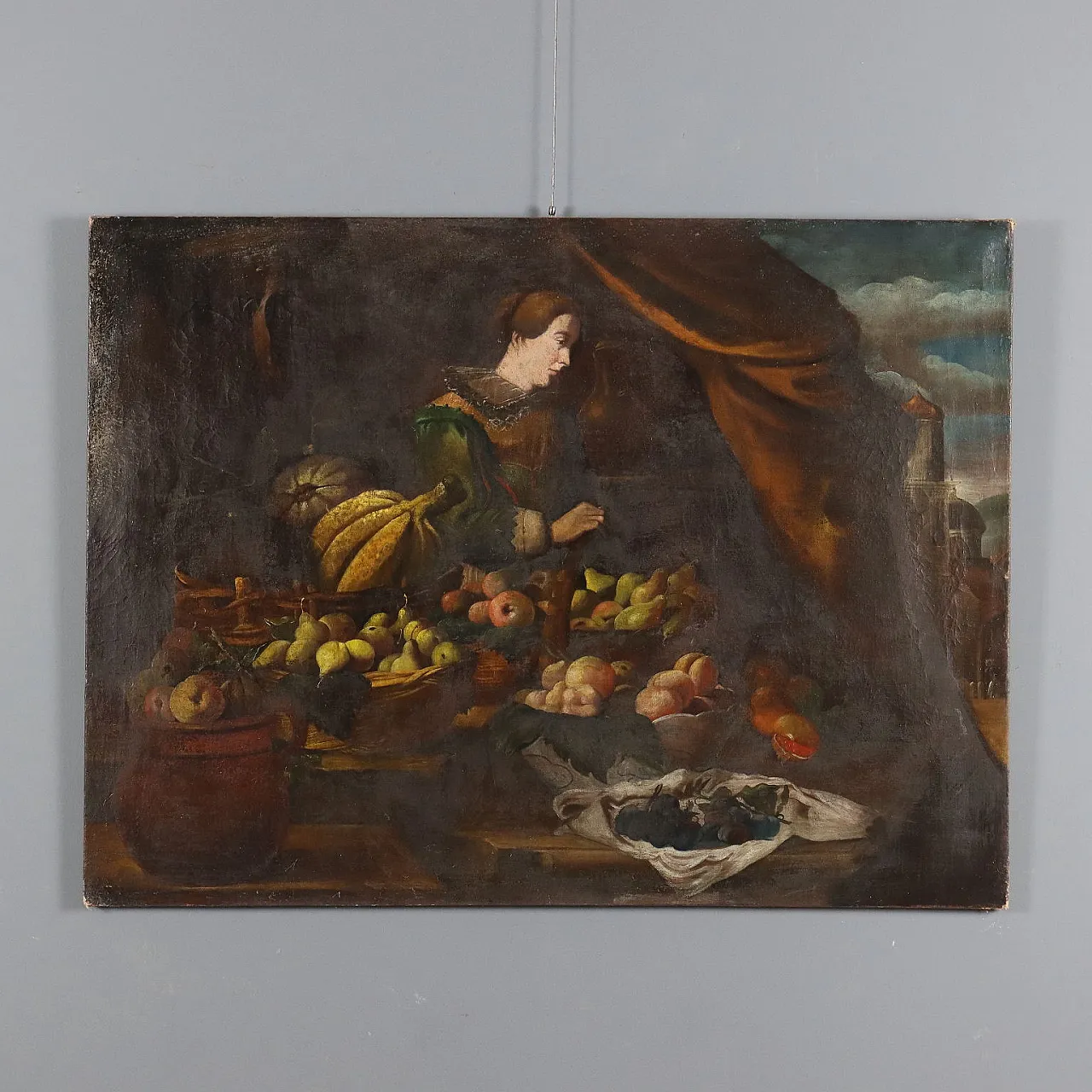 Bancarella di frutta con figura, olio su tela, '700 1
