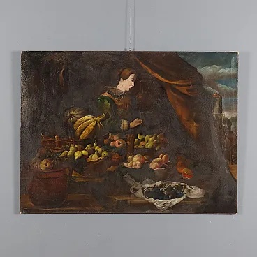 Bancarella di frutta con figura, olio su tela, '700