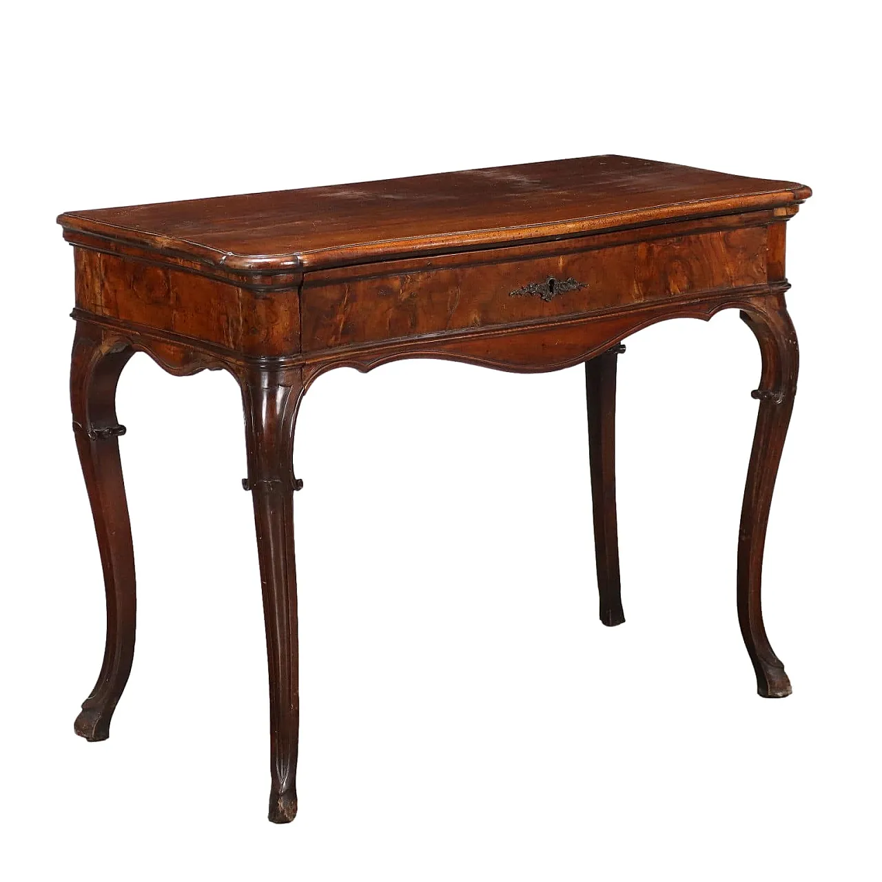 Baroque walnut console table with decorated drawers, 18th century 1