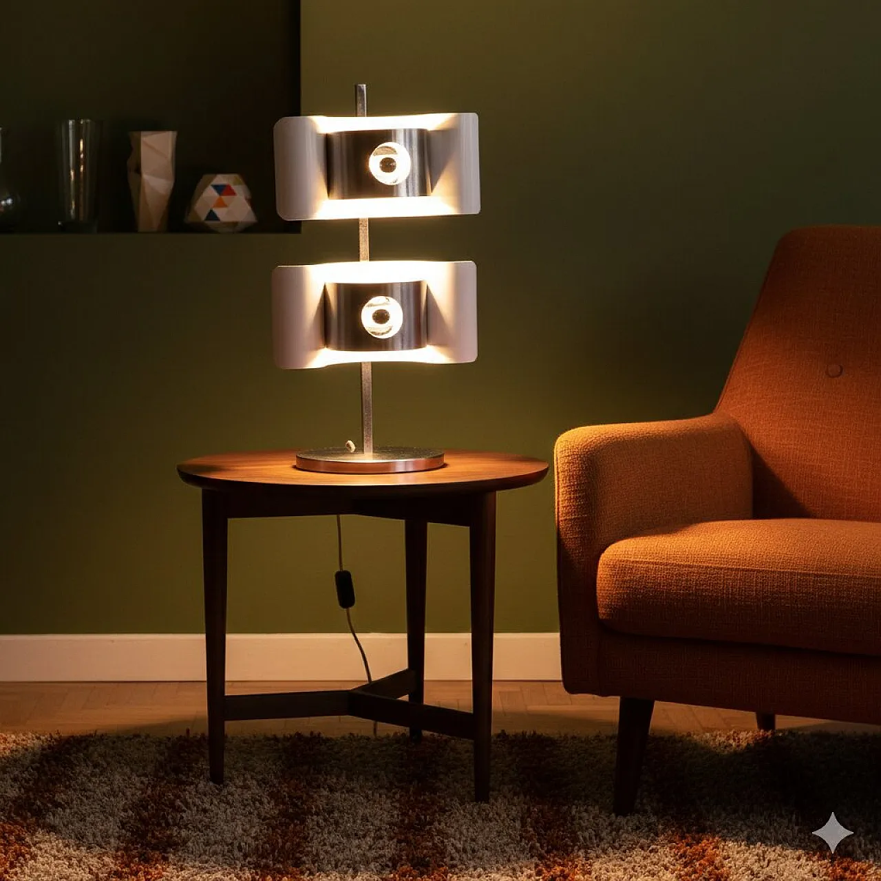 Lampada da tavolo a due luci in metallo smaltato e cromato, '900 2