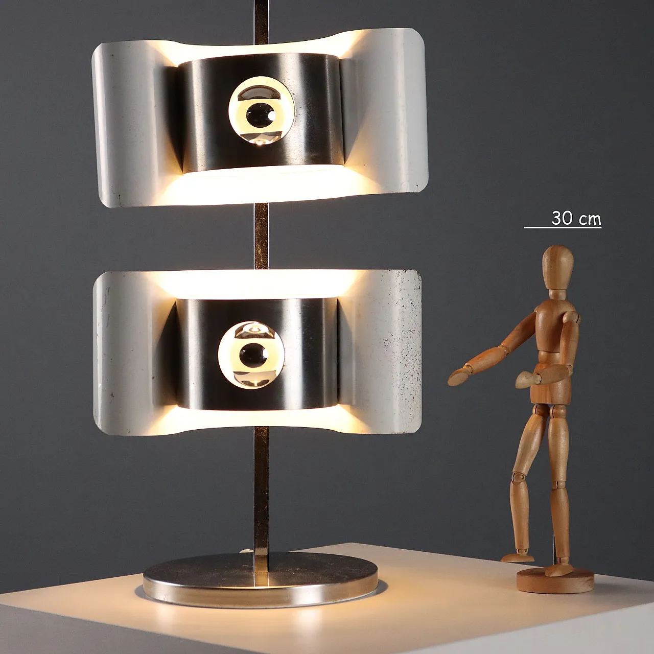 Lampada da tavolo a due luci in metallo smaltato e cromato, '900 3