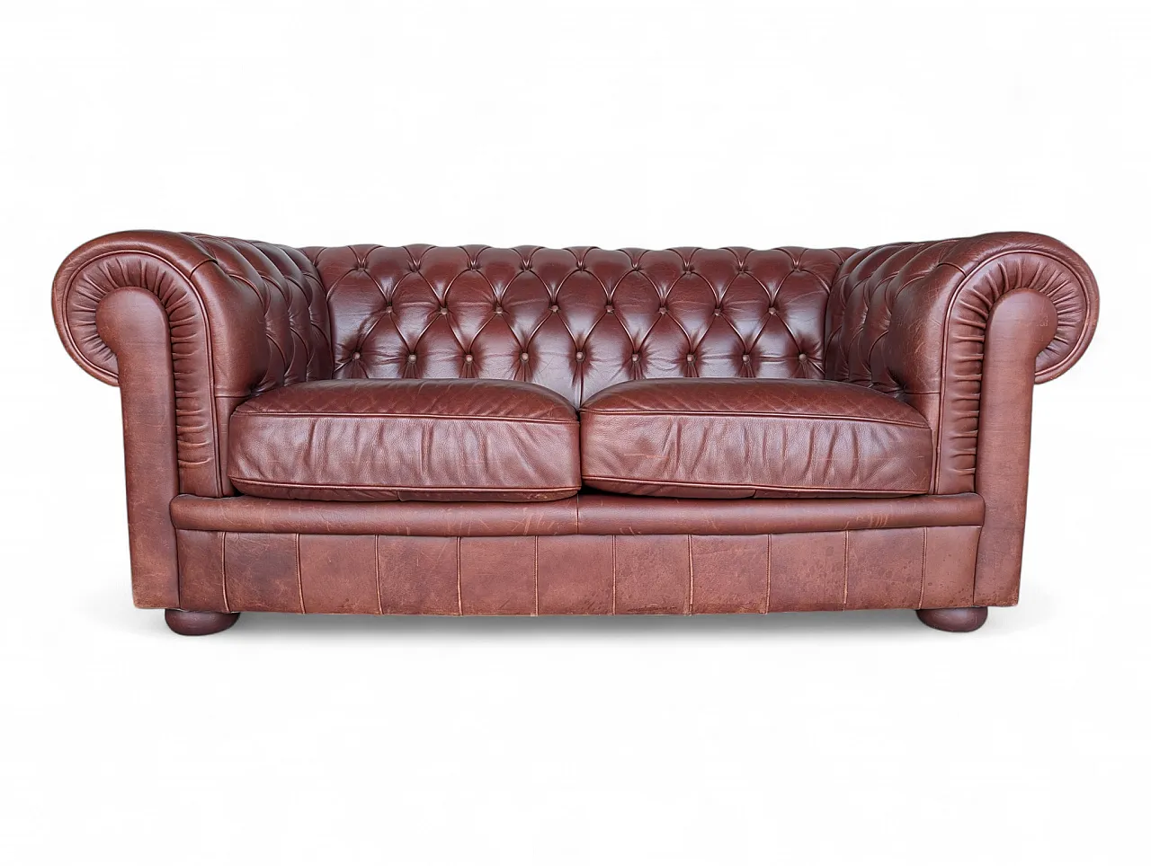 Burgundy two-seater chester sofa 1980s 1