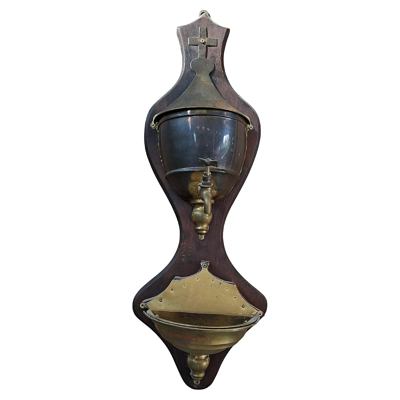 Brass and wooden wall hand washers with cross, early 20th century 1