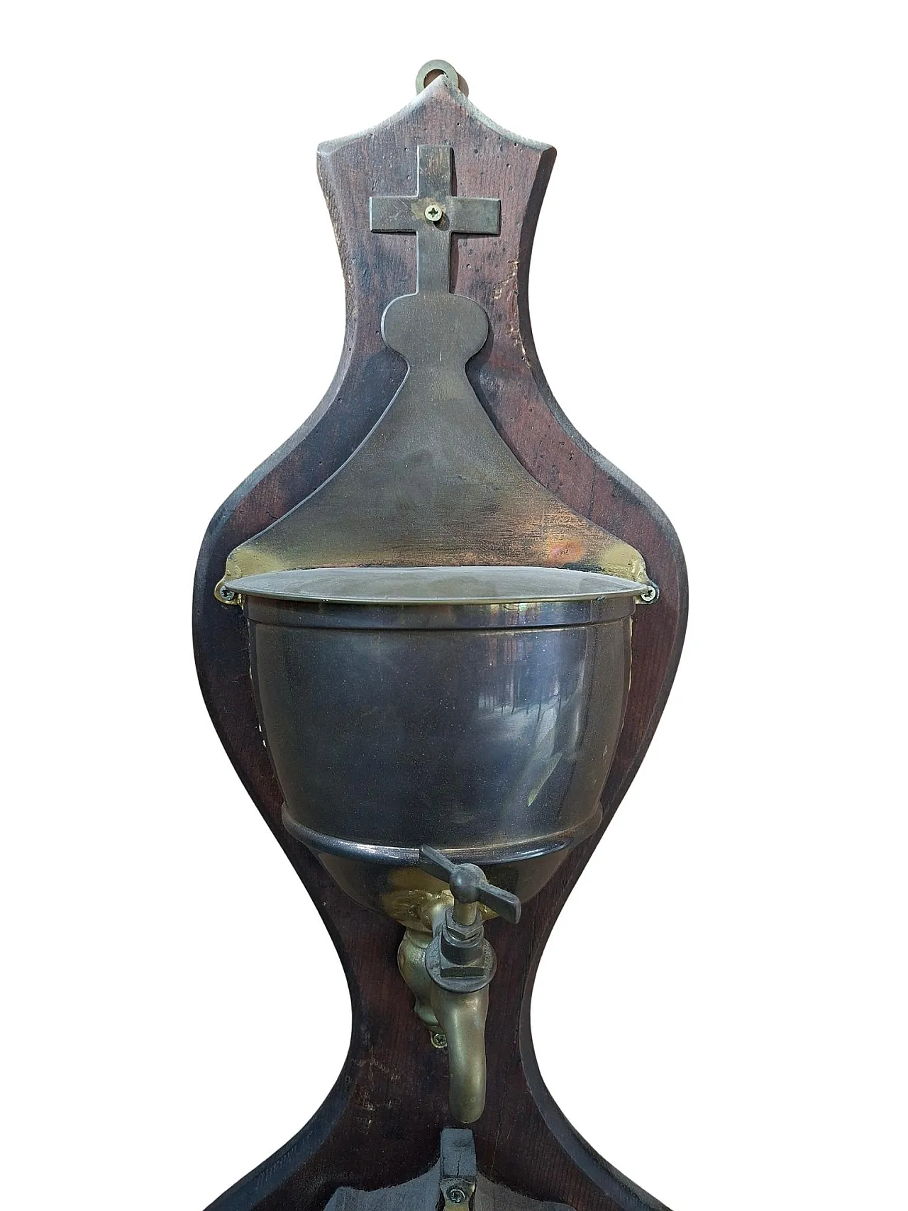 Brass and wooden wall hand washers with cross, early 20th century 3