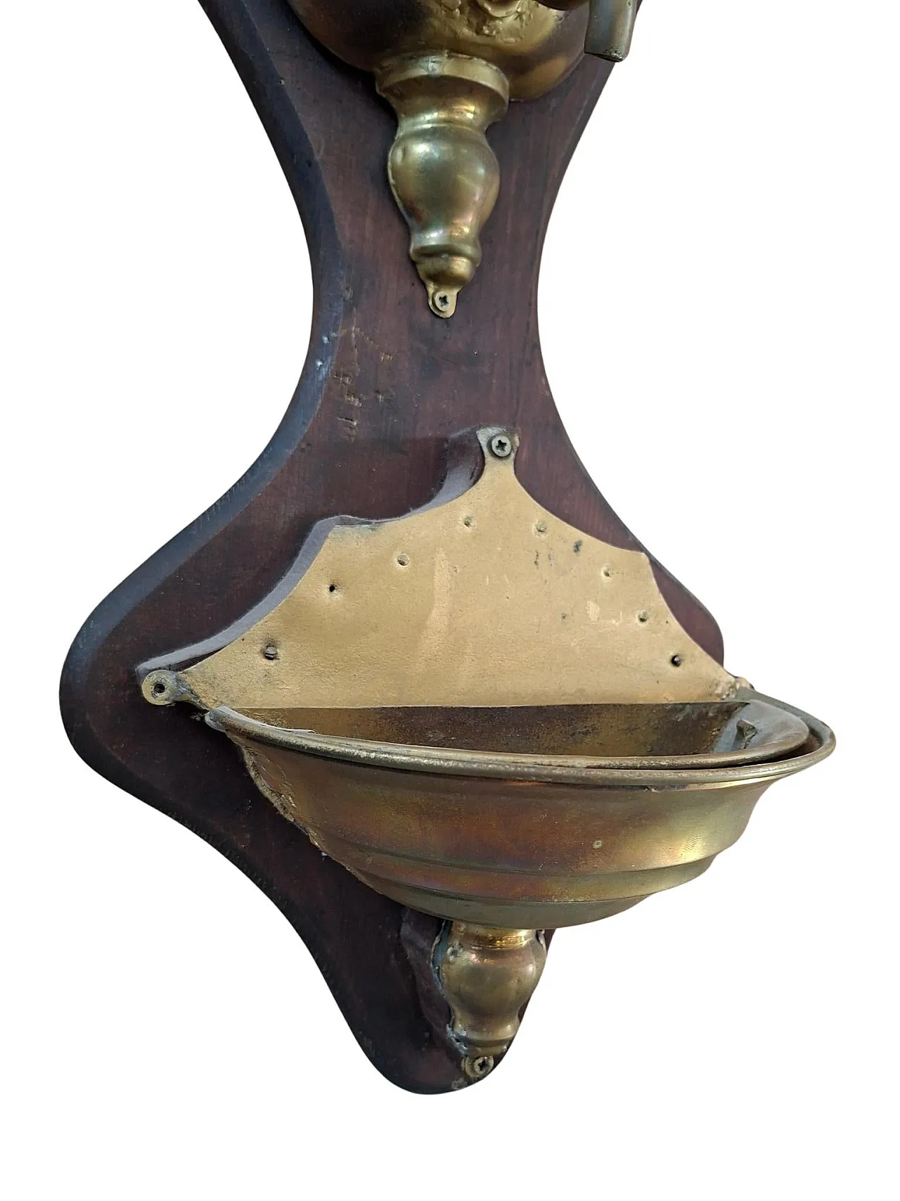 Brass and wooden wall hand washers with cross, early 20th century 4